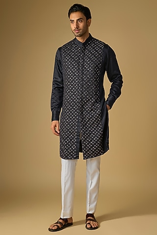 Charcoal Grey Blended Silk Kurta by Kunal Rawal
