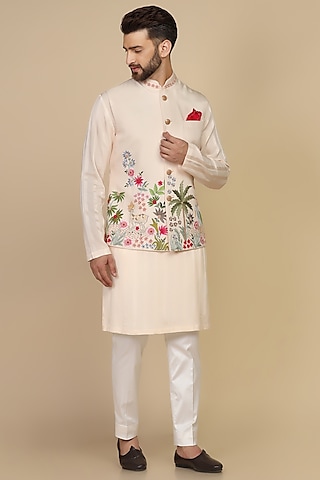 Peach Viscose Silk Multi-Colored Embroidered Bundi Set by Kushal's Men