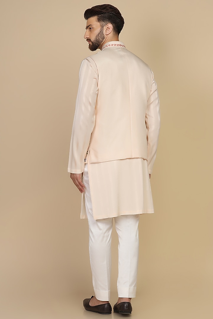 Peach Viscose Silk Multi-Colored Embroidered Bundi Set by Kushal's Men at Pernia's Pop Up Shop