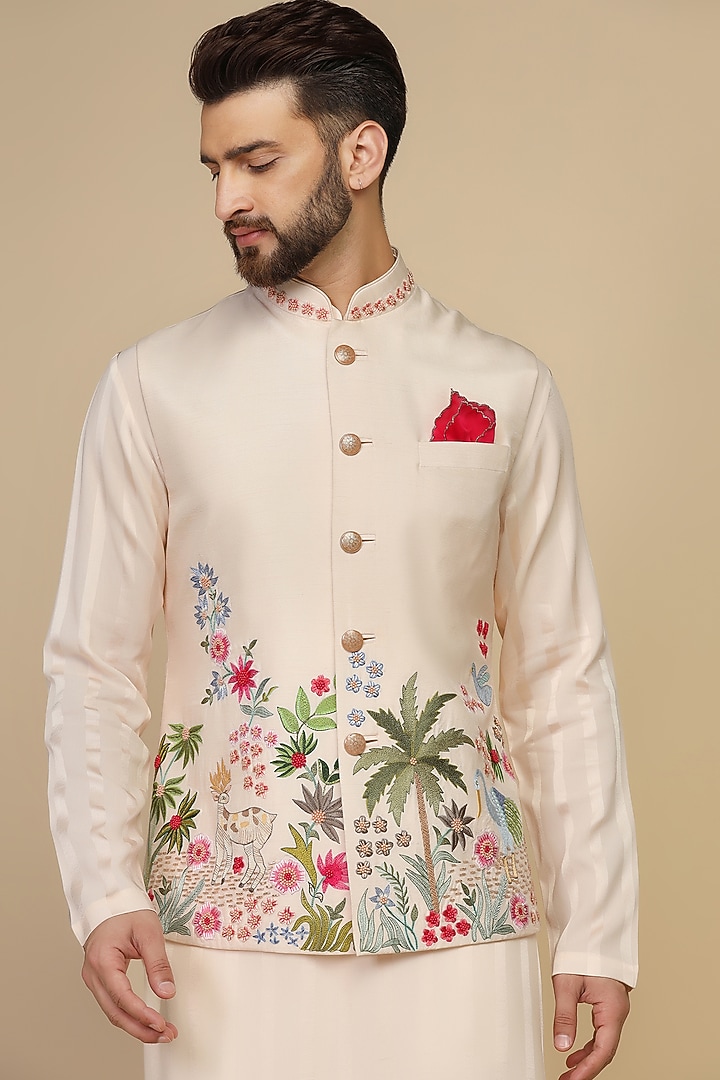 Peach Viscose Silk Multi-Colored Embroidered Bundi Set by Kushal's Men at Pernia's Pop Up Shop