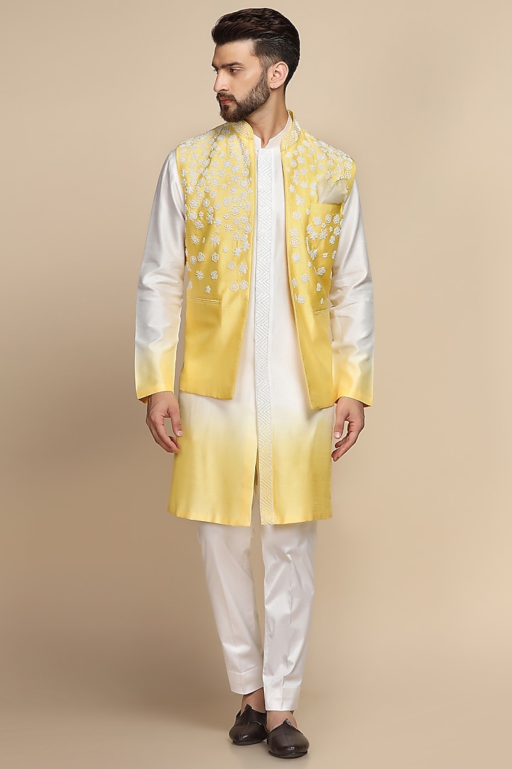 Yellow Viscose Silk Cutdana Embroidered Bundi Set by Kushal's Men