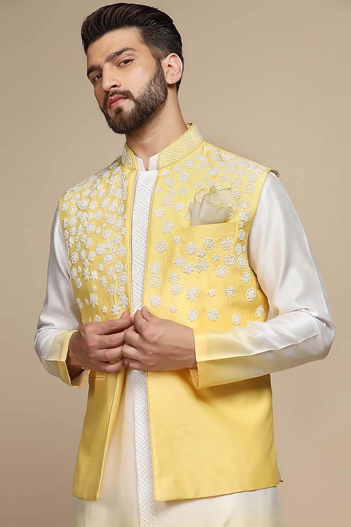 Yellow Viscose Silk Cutdana Embroidered Bundi Set by Kushal's Men at Pernia's Pop Up Shop