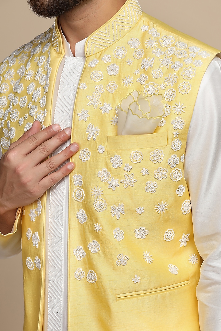 Yellow Viscose Silk Cutdana Embroidered Bundi Set by Kushal's Men at Pernia's Pop Up Shop