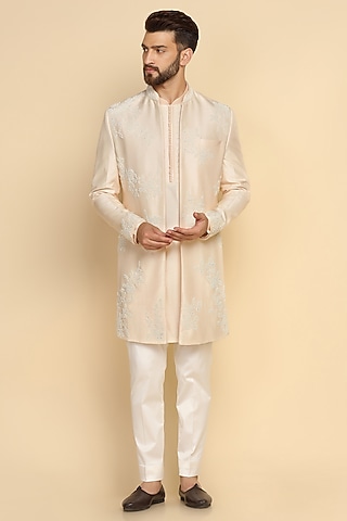 Powder Peach Viscose Silk Bead Embroidered Indo-Western Set by Kushal's Men