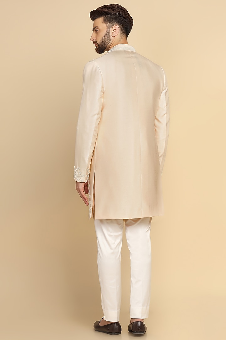 Powder Peach Viscose Silk Bead Embroidered Indo-Western Set by Kushal's Men at Pernia's Pop Up Shop