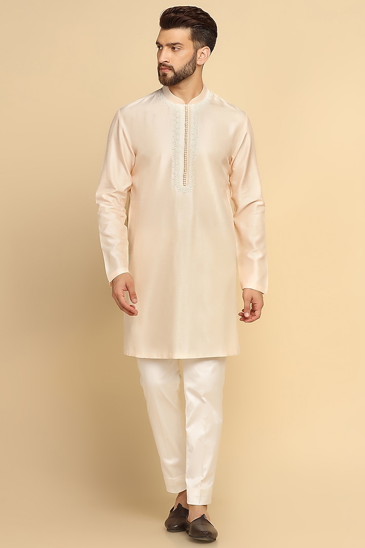 Powder Peach Viscose Silk Bead Embroidered Indo-Western Set by Kushal's Men at Pernia's Pop Up Shop