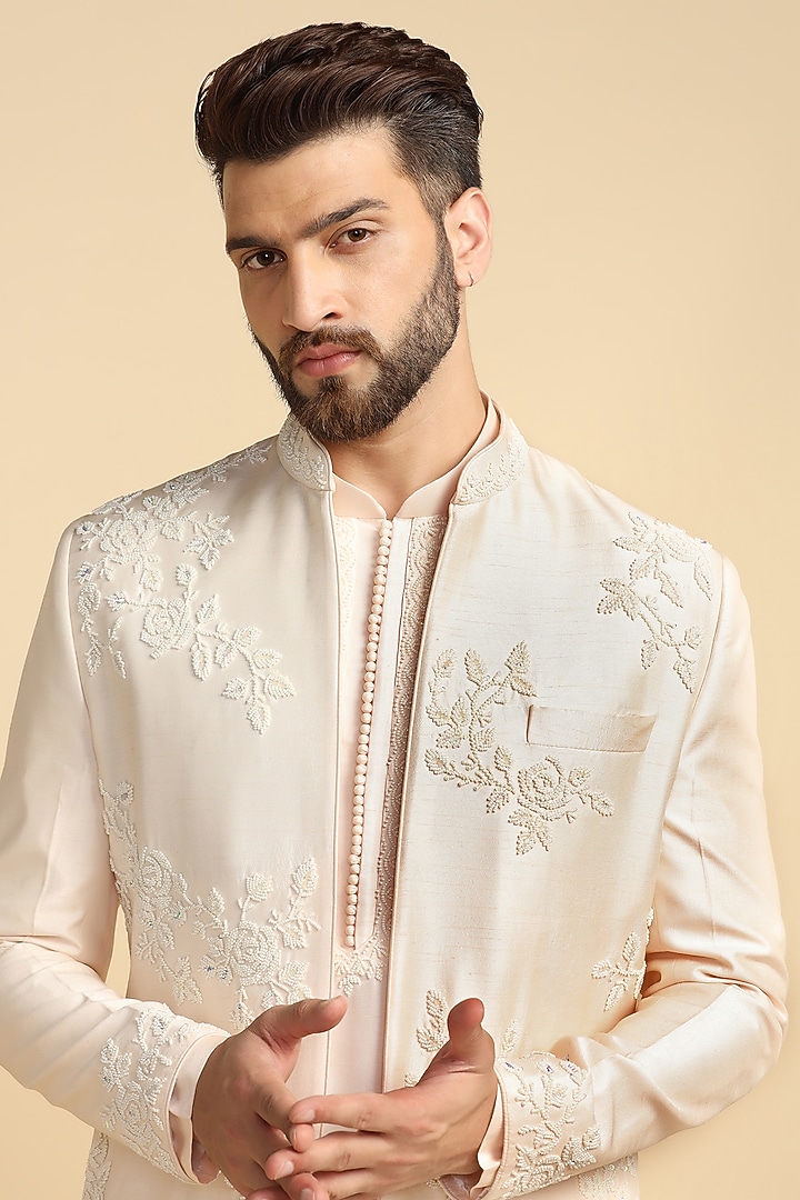 Powder Peach Viscose Silk Bead Embroidered Indo-Western Set by Kushal's Men at Pernia's Pop Up Shop