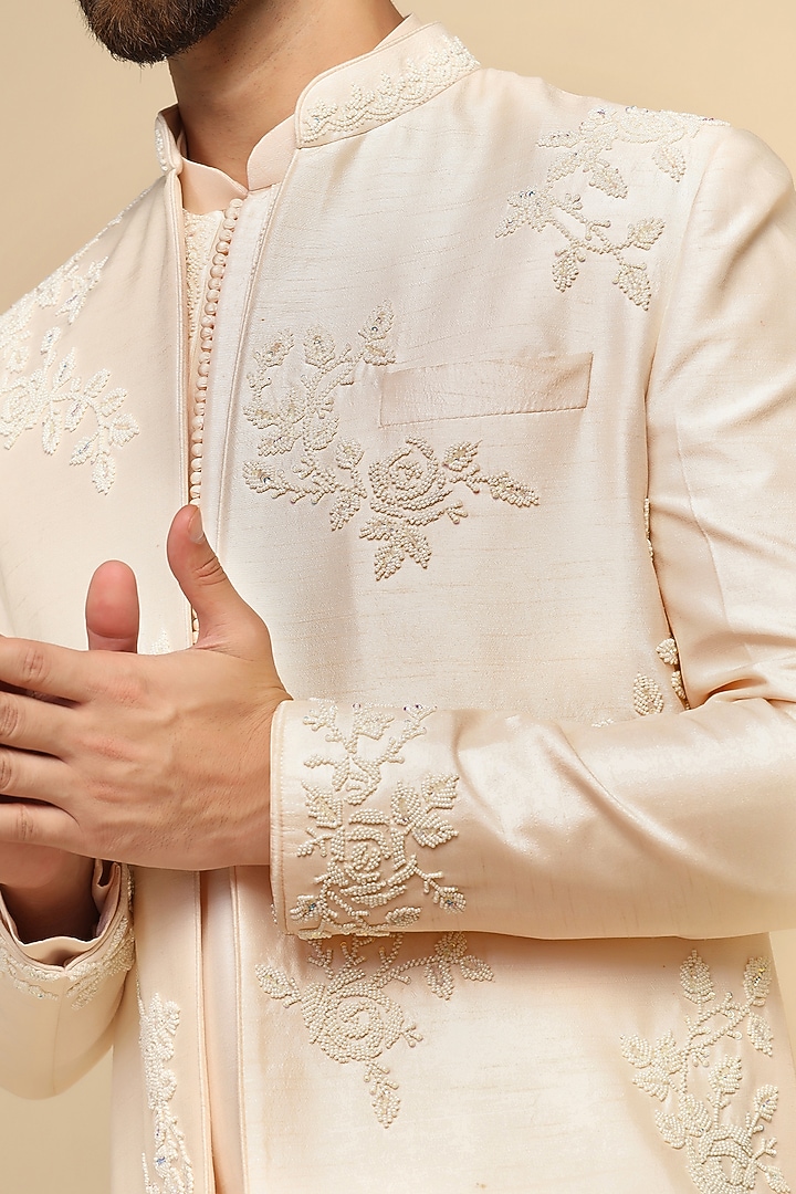 Powder Peach Viscose Silk Bead Embroidered Indo-Western Set by Kushal's Men at Pernia's Pop Up Shop