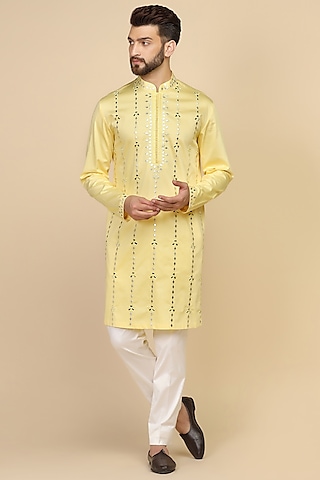 Yellow Giza Cotton Mirror Embroidered Kurta Set by Kushal's Men