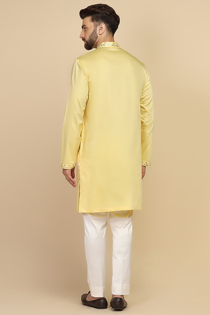 Yellow Giza Cotton Mirror Embroidered Kurta Set by Kushal's Men at Pernia's Pop Up Shop
