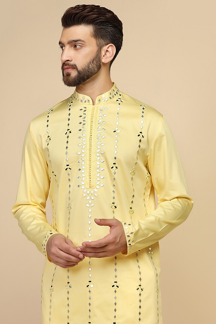 Yellow Giza Cotton Mirror Embroidered Kurta Set by Kushal's Men at Pernia's Pop Up Shop