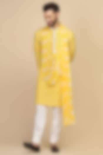 Yellow Chanderi Tie-Dye Draped Kurta Set by Kushal's Men