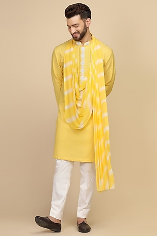 Yellow Chanderi Tie-Dye Draped Kurta Set by Kushal's Men