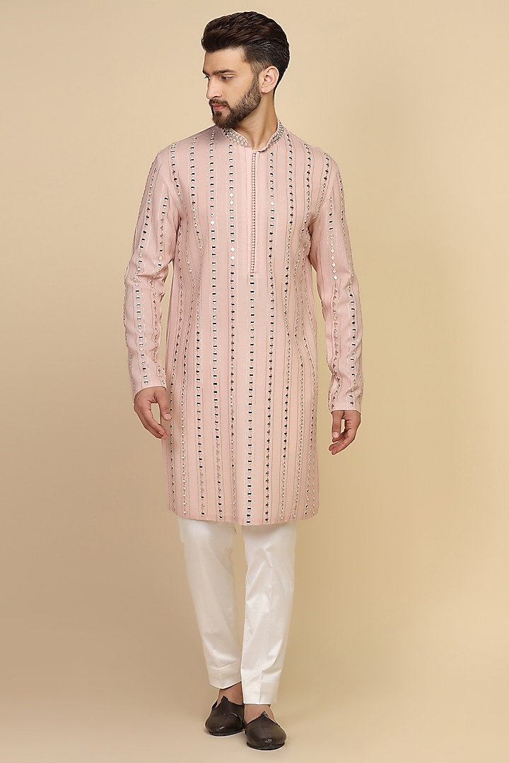 Dusty Pink Georgette Mirror Embroidered Kurta Set by Kushal's Men