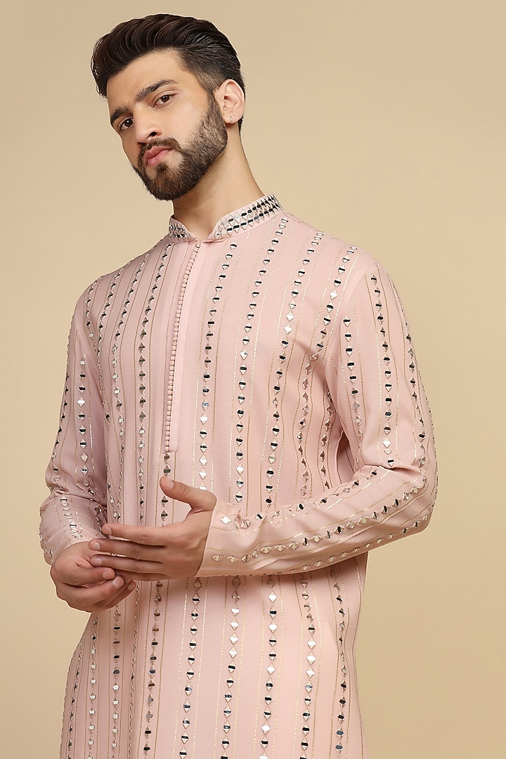 Dusty Pink Georgette Mirror Embroidered Kurta Set by Kushal's Men at Pernia's Pop Up Shop