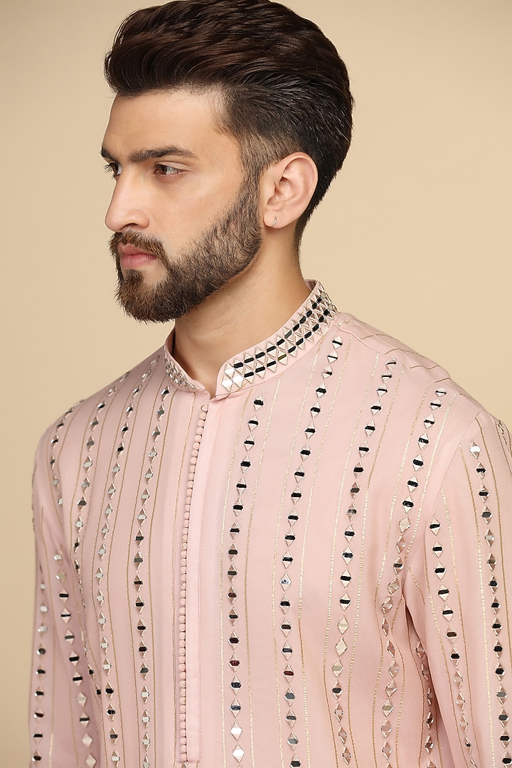Dusty Pink Georgette Mirror Embroidered Kurta Set by Kushal's Men at Pernia's Pop Up Shop