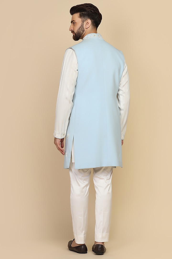 Powder Blue Poly Crepe Bead Embroidered Shrug Set by Kushal's Men at Pernia's Pop Up Shop