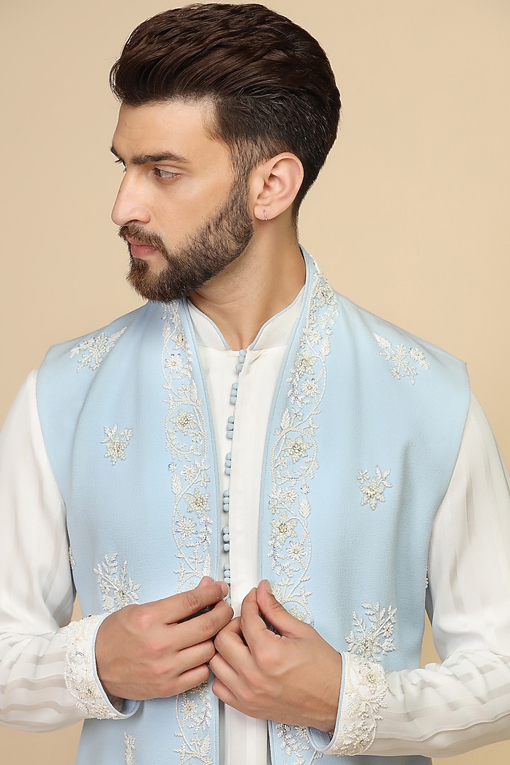 Powder Blue Poly Crepe Bead Embroidered Shrug Set by Kushal's Men at Pernia's Pop Up Shop