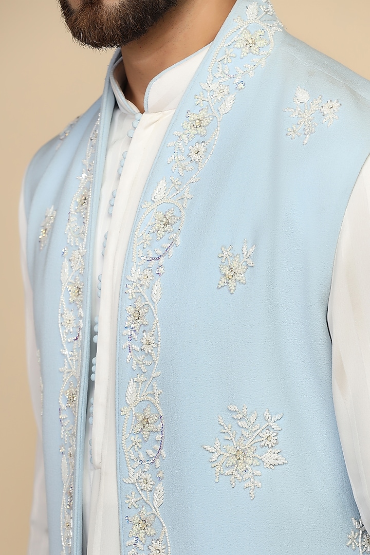 Powder Blue Poly Crepe Bead Embroidered Shrug Set by Kushal's Men at Pernia's Pop Up Shop