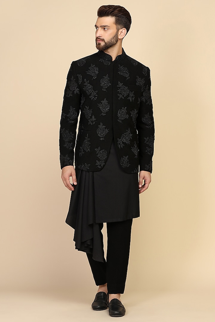 Black Suiting Bead Embroidered Bandhgala Set by Kushal's Men