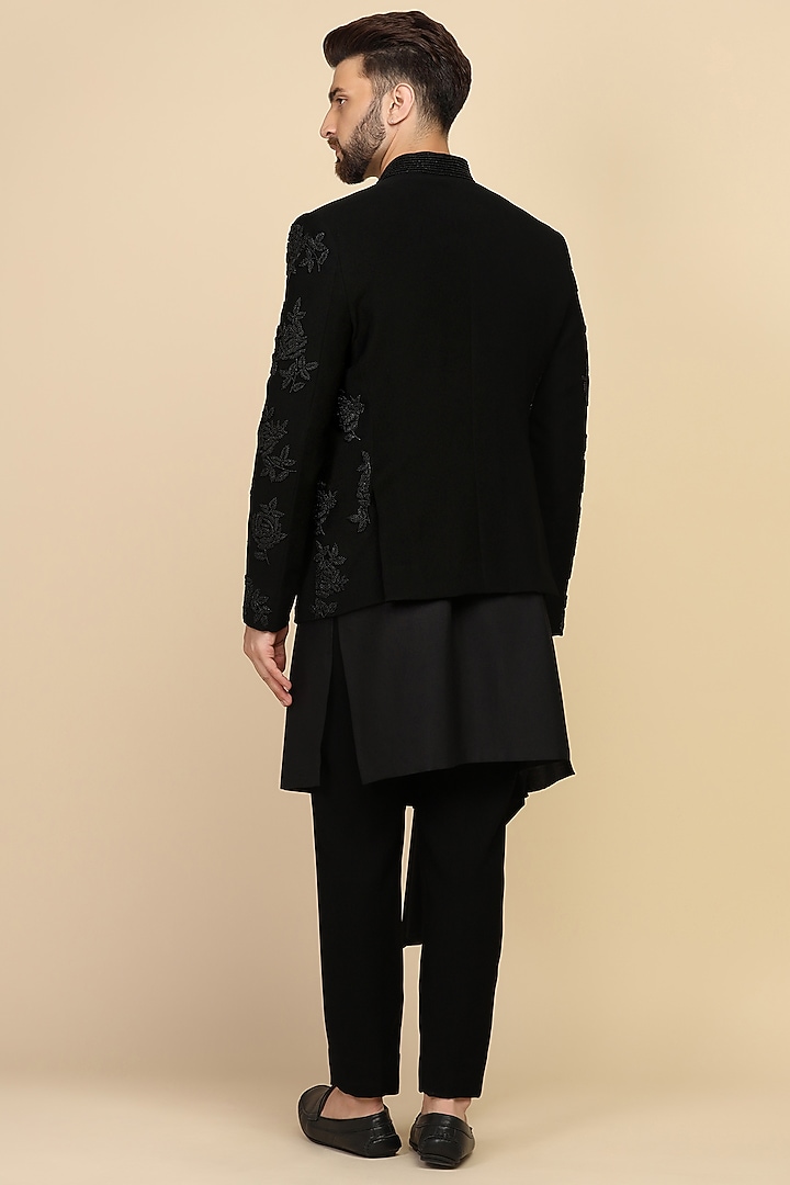 Black Suiting Bead Embroidered Wedding Bandhgala Set by Kushal's Men at Pernia's Pop Up Shop