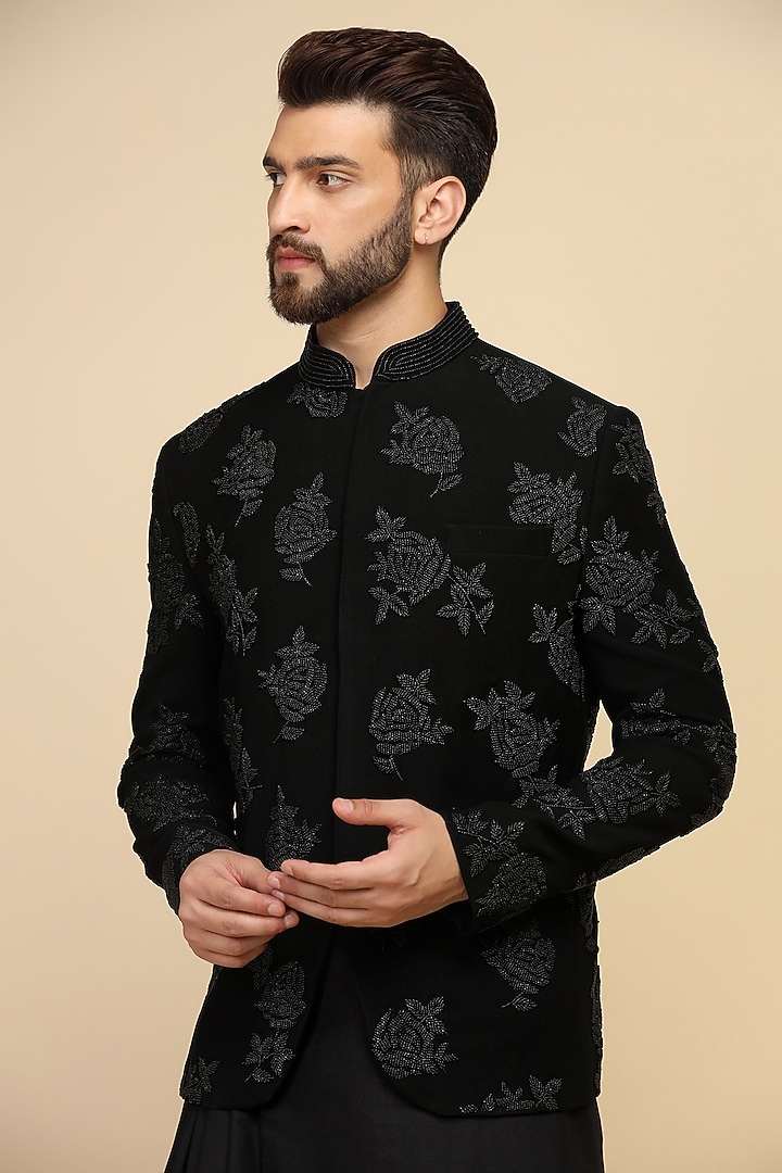 Black Suiting Bead Embroidered Wedding Bandhgala Set by Kushal's Men at Pernia's Pop Up Shop