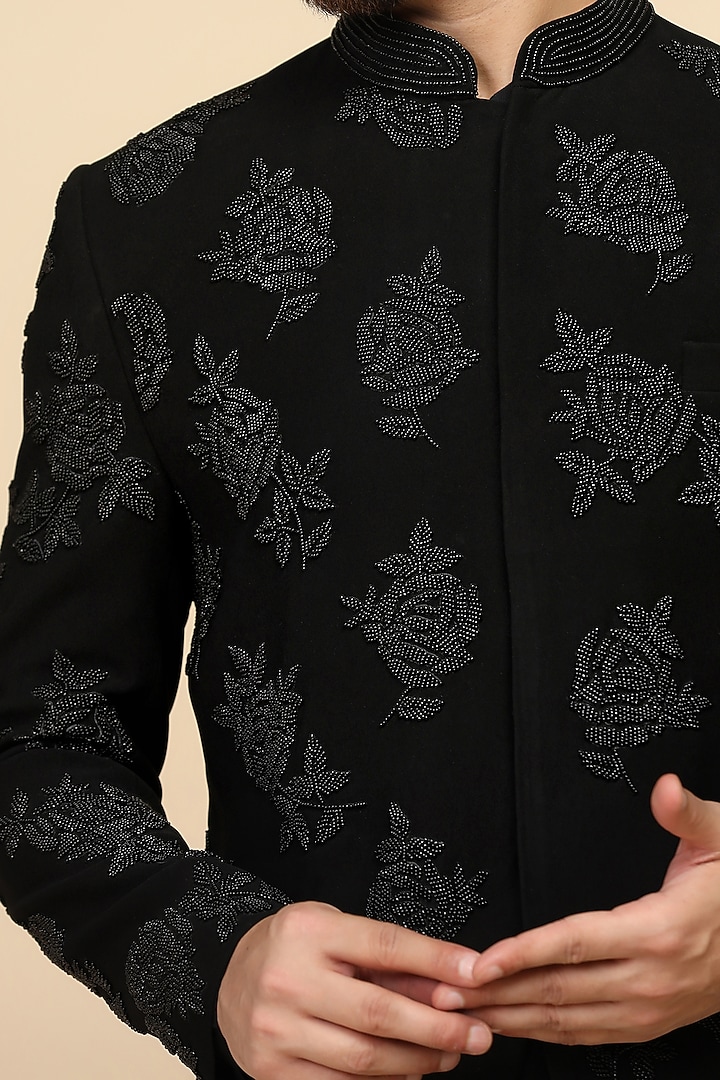 Black Suiting Bead Embroidered Wedding Bandhgala Set by Kushal's Men at Pernia's Pop Up Shop