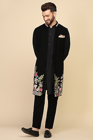 Black Suiting Thread Work Indo-Western Set by Kushal's Men
