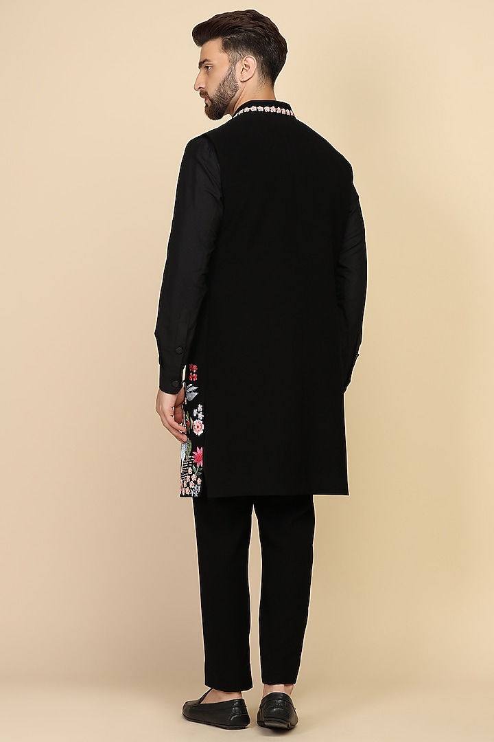Black Suiting Thread Work Indo-Western Set by Kushal's Men at Pernia's Pop Up Shop