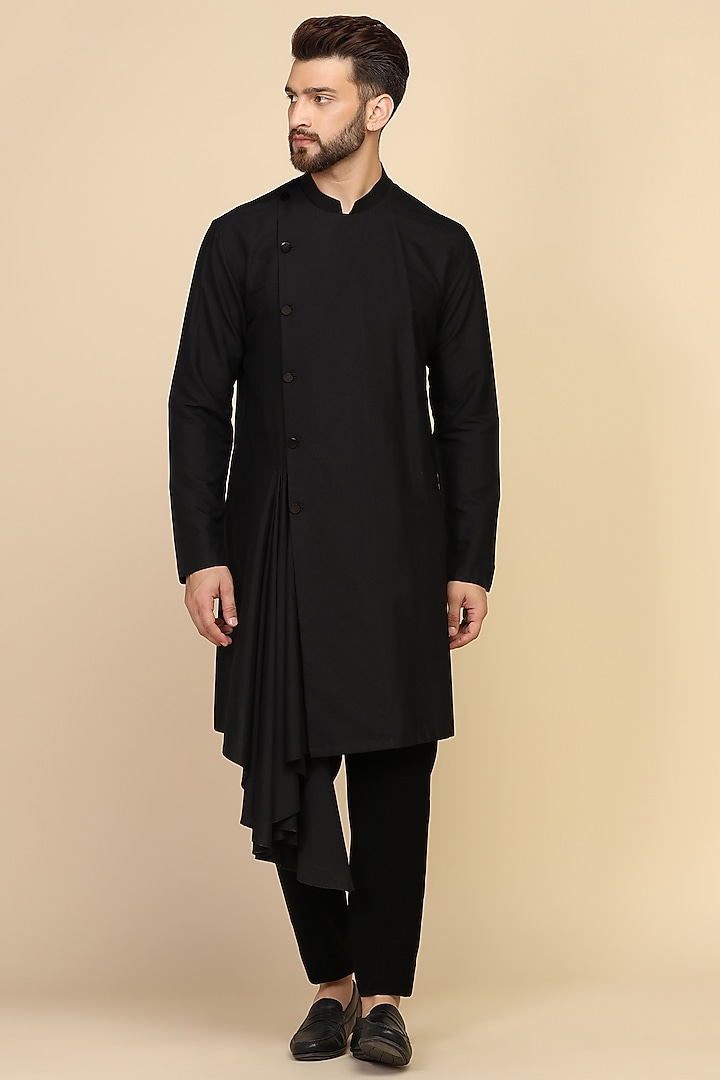 Black Suiting Thread Work Indo-Western Set by Kushal's Men at Pernia's Pop Up Shop