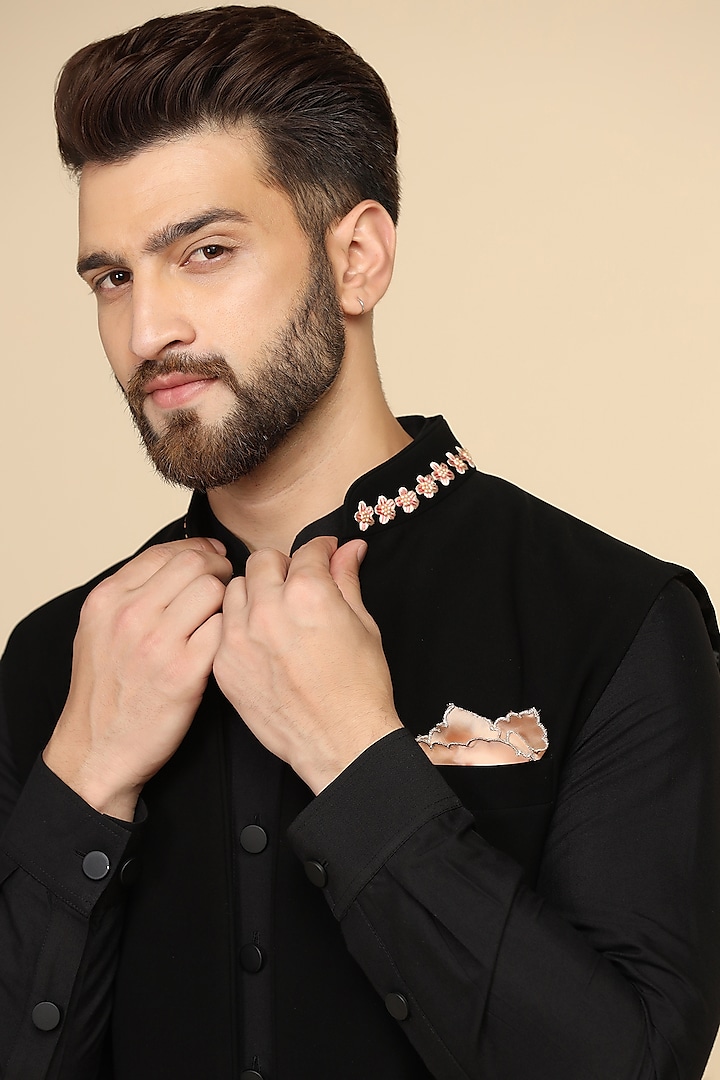 Black Suiting Thread Work Indo-Western Set by Kushal's Men at Pernia's Pop Up Shop
