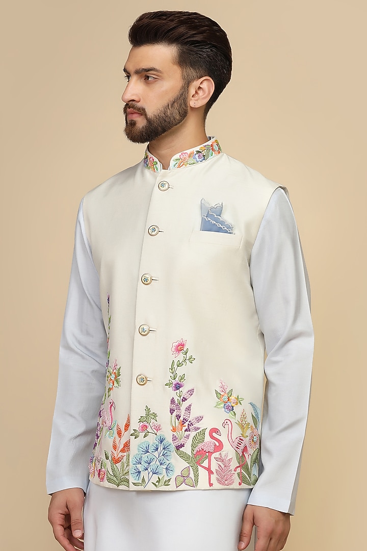 Peach Viscose Silk Thread Work Bundi Set by Kushal's Men at Pernia's Pop Up Shop