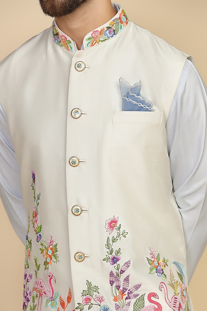Peach Viscose Silk Thread Work Bundi Set by Kushal's Men at Pernia's Pop Up Shop