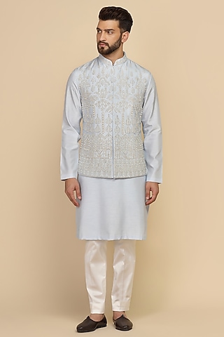 Powder Blue Viscose Silk Dori Work Bundi Set by Kushal's Men
