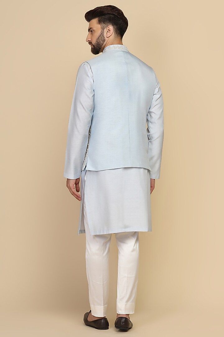 Powder Blue Viscose Silk Dori Work Bundi Set by Kushal's Men at Pernia's Pop Up Shop