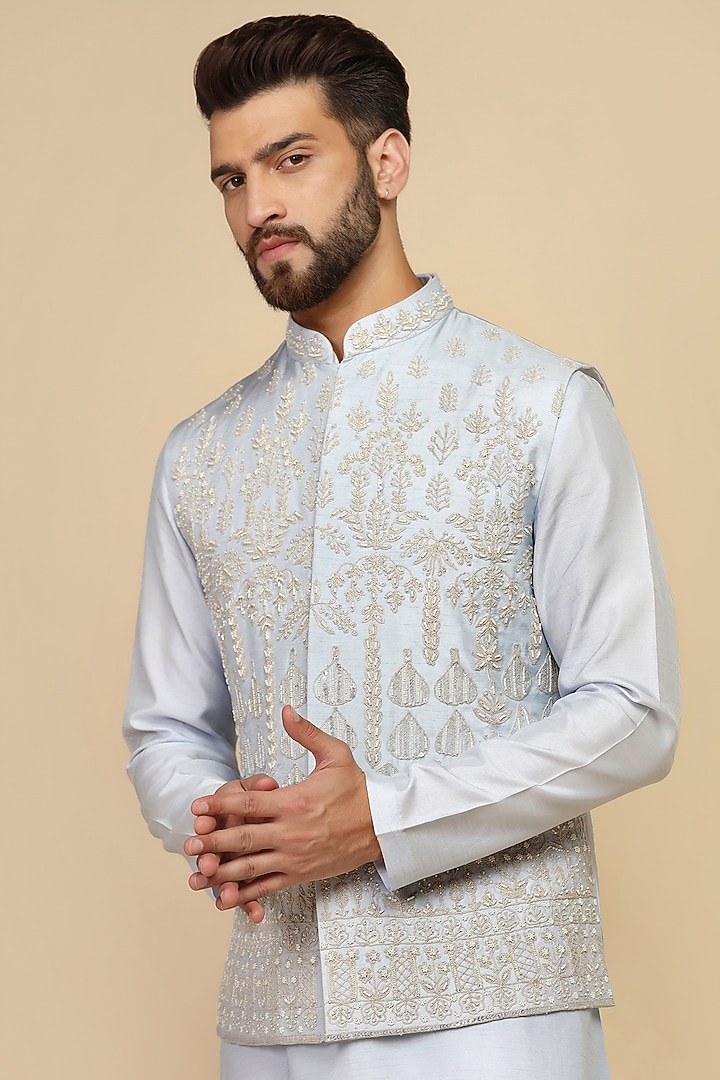 Powder Blue Viscose Silk Dori Work Bundi Set by Kushal's Men at Pernia's Pop Up Shop