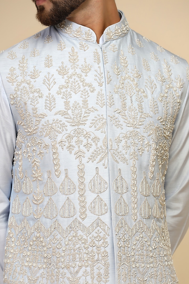 Powder Blue Viscose Silk Dori Work Bundi Set by Kushal's Men at Pernia's Pop Up Shop