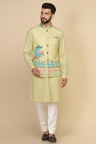 Powder Green Viscose Silk Sequins Embroidered Bundi Set by Kushal's Men