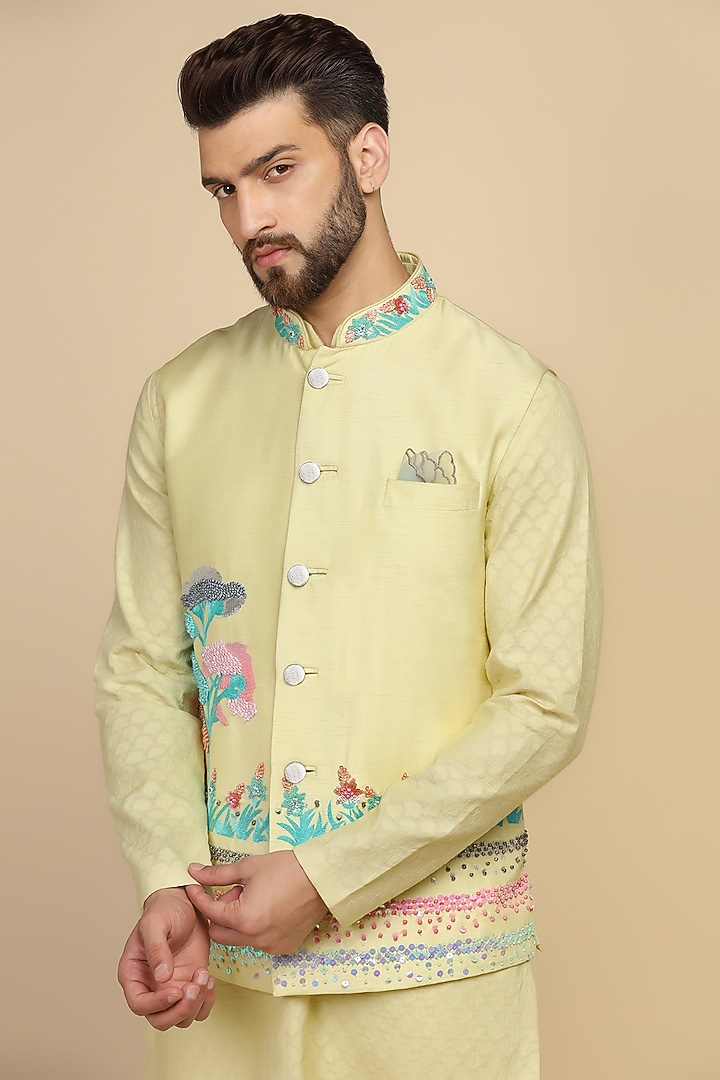 Powder Green Viscose Silk Sequins Embroidered Bundi Set by Kushal's Men at Pernia's Pop Up Shop