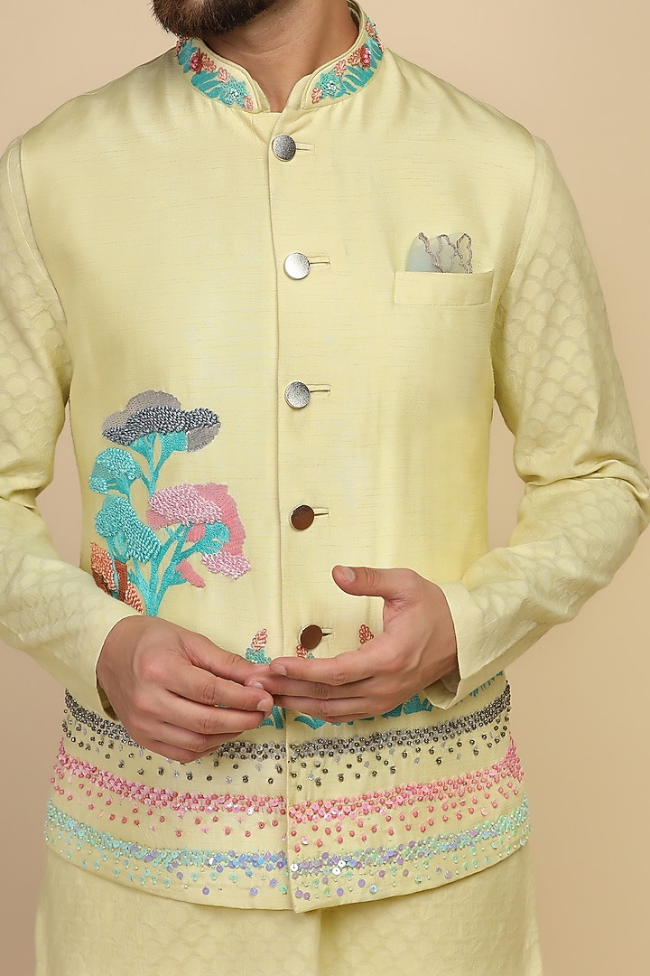 Powder Green Viscose Silk Sequins Embroidered Bundi Set by Kushal's Men at Pernia's Pop Up Shop
