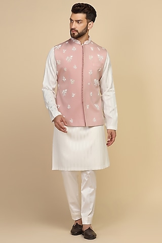 Dusty Pink Poly Knit Bead Embroidered Bundi Set by Kushal's Men