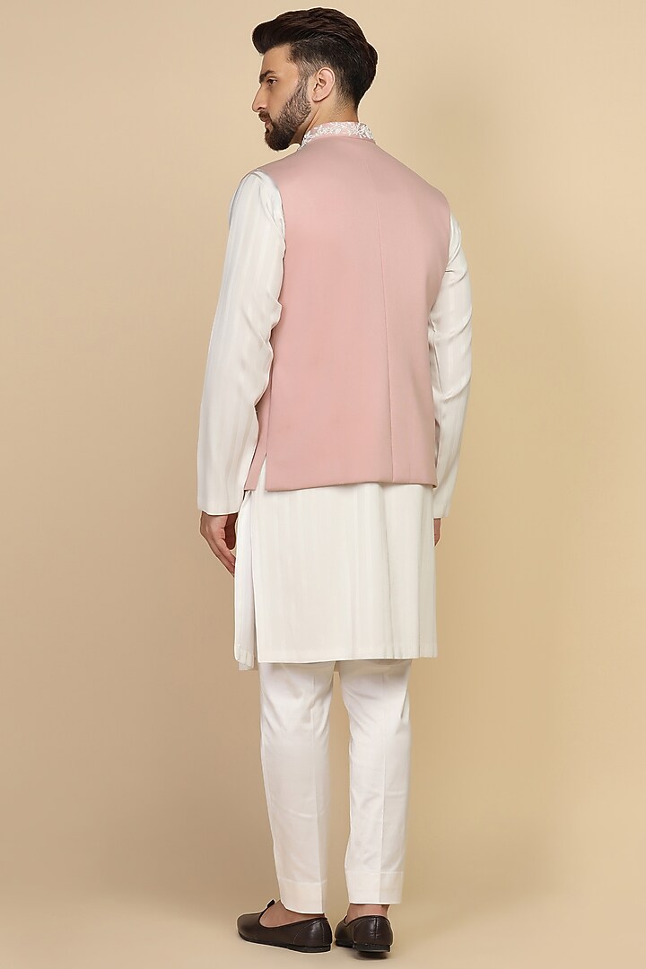 Dusty Pink Poly Knit Bead Embroidered Bundi Set by Kushal's Men at Pernia's Pop Up Shop