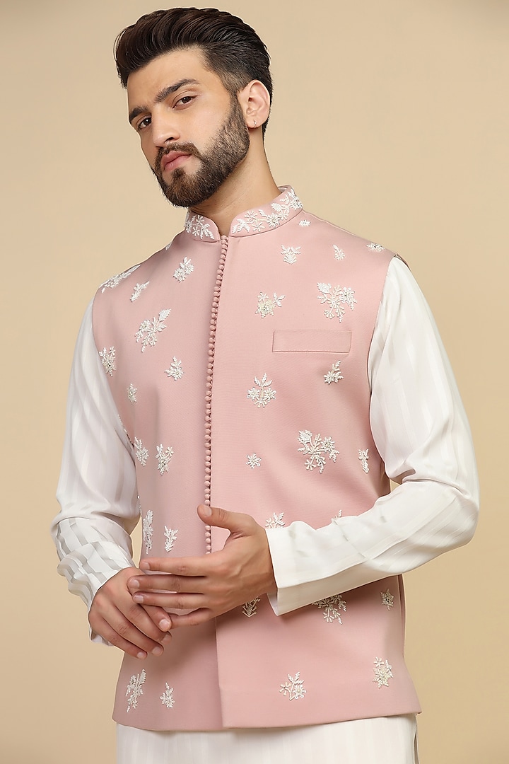 Dusty Pink Poly Knit Bead Embroidered Bundi Set by Kushal's Men at Pernia's Pop Up Shop