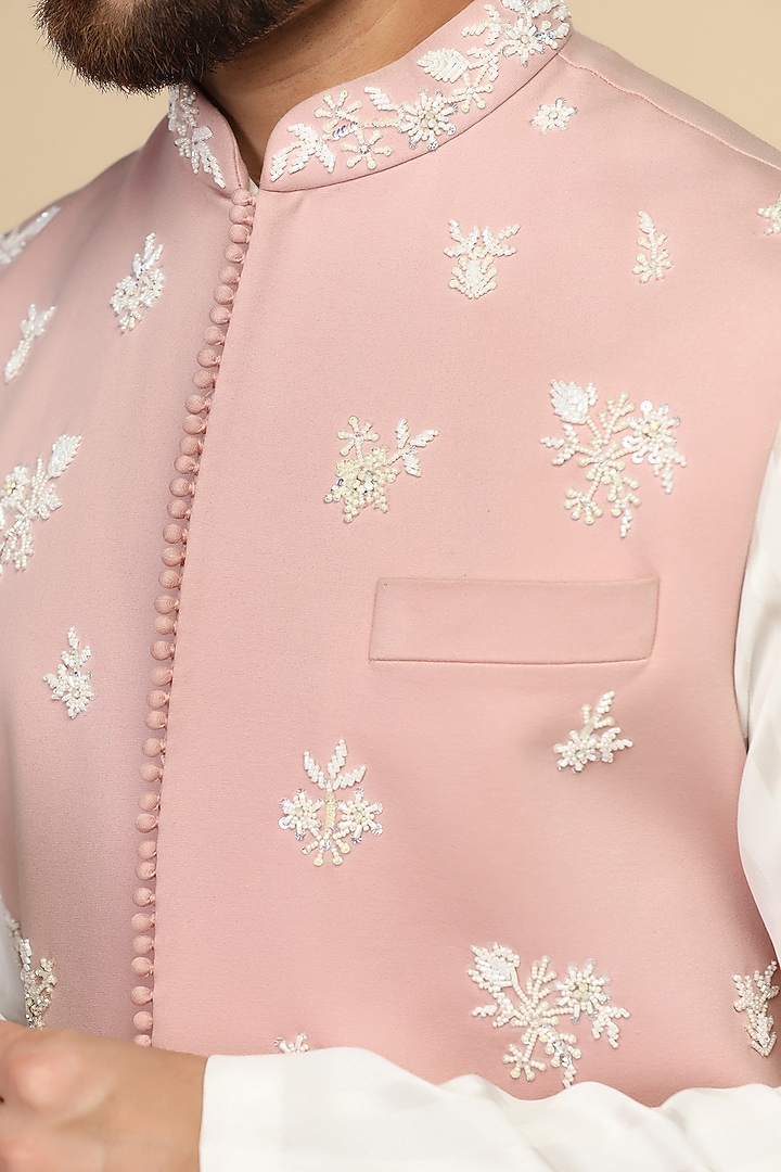 Dusty Pink Poly Knit Bead Embroidered Bundi Set by Kushal's Men at Pernia's Pop Up Shop