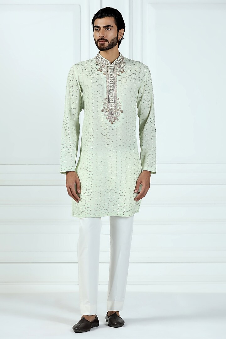 Frosted Green Viscose Georgette Floral Printed & Hand Embroidered Kurta Set by Kushal's Men at Pernia's Pop Up Shop