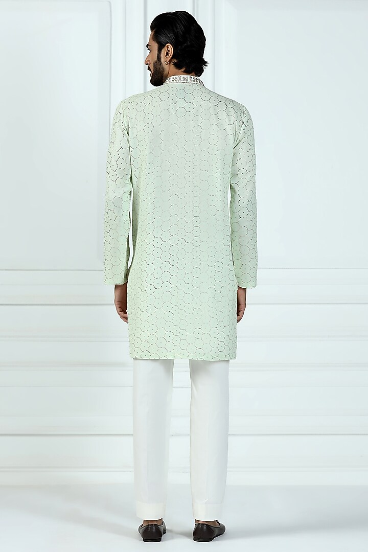 Frosted Green Viscose Georgette Floral Printed & Hand Embroidered Kurta Set by Kushal's Men at Pernia's Pop Up Shop