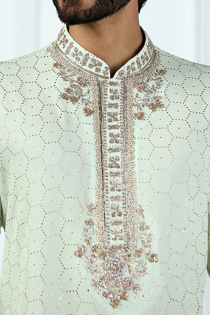 Frosted Green Viscose Georgette Floral Printed & Hand Embroidered Kurta Set by Kushal's Men at Pernia's Pop Up Shop