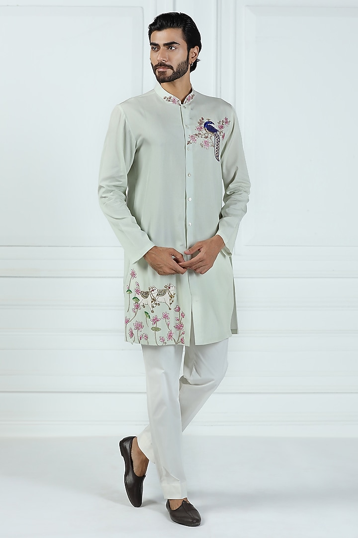 Misty Green Viscose Tabby Floral Printed & Hand Embroidered Kurta Set by Kushal's Men at Pernia's Pop Up Shop