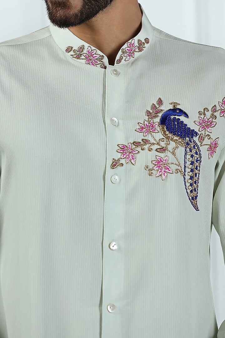 Misty Green Viscose Tabby Floral Printed & Hand Embroidered Kurta Set by Kushal's Men at Pernia's Pop Up Shop
