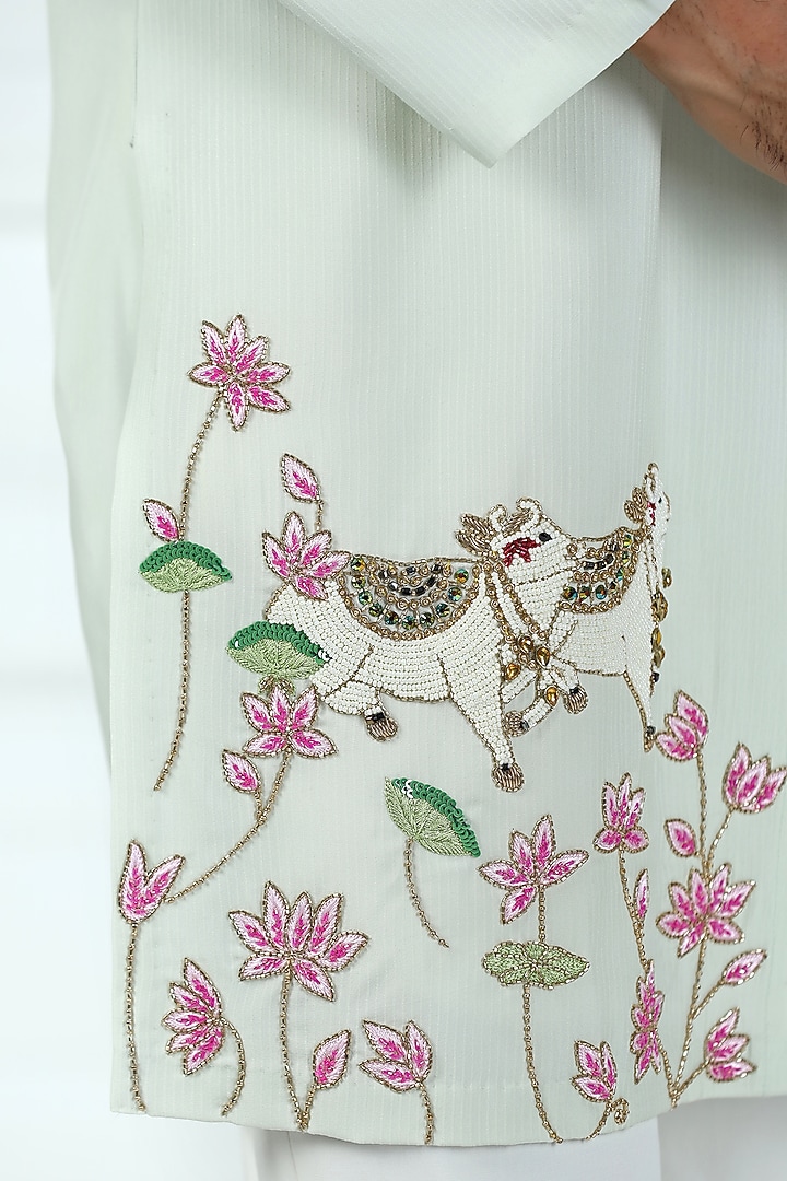 Misty Green Viscose Tabby Floral Printed & Hand Embroidered Kurta Set by Kushal's Men at Pernia's Pop Up Shop